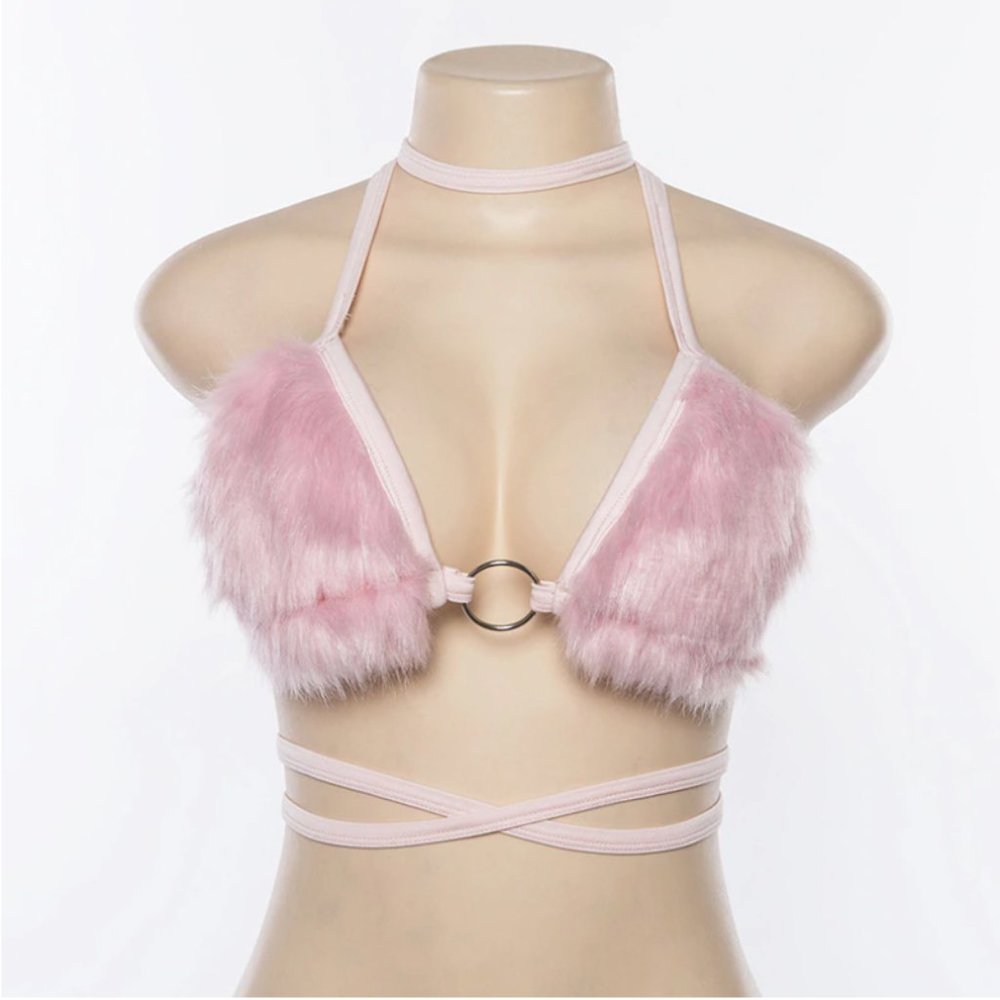 Plush Pink Faux-Fur Ring Bralette